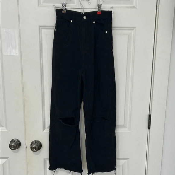 Divided High-Waisted Ripped Jeans Size 0 Black frayed bottom wide leg - Picture 1 of 7